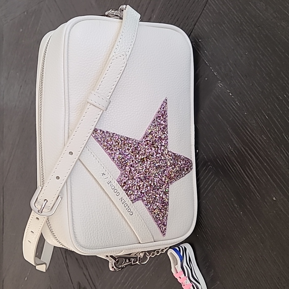 Golden Goose Star Bag in white hammered leather with purple/pink glitter star